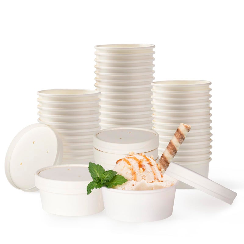 Belinlen 50 SET 5 OZ Disposable White Ice Cream Cups with Lids Medium Hot and Cold To Go Cups Paper Cup Takeout Food Container - Image 1